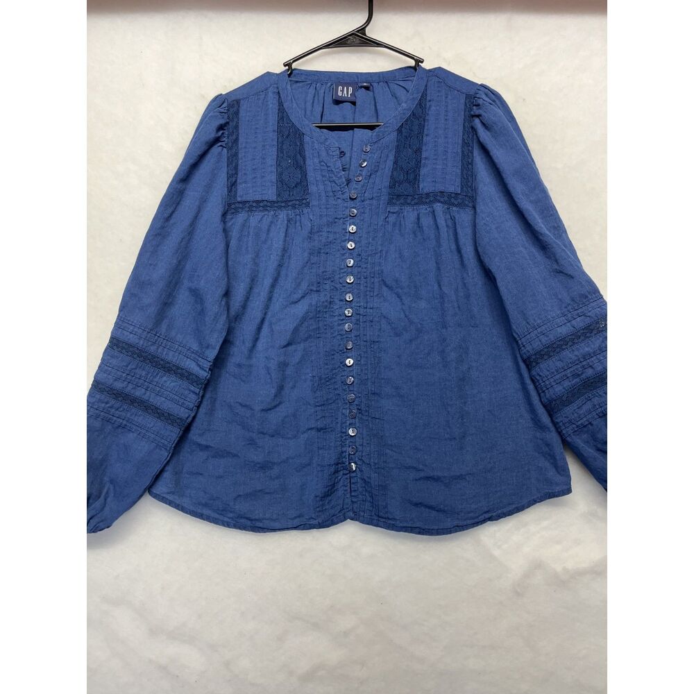 NWOT Gap Lace-Trim Pintuck Top navy lace flowy blouse 100% cotton medium doen - Picture 2 of 7